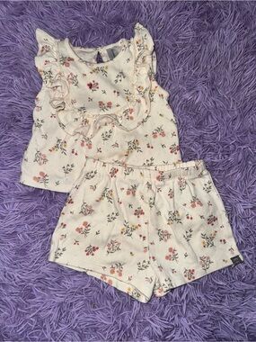 Girls' Cream Floral Ruffle Tank & Shorts Pajama Set